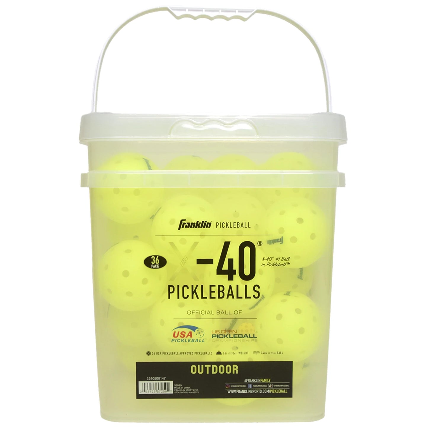 Franklin Pickleball X-40 Outdoor 36-Pack Bucket - Optic Yellow - Tenniszon